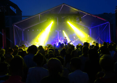 Concert en soirée avec des éclairages jaunes et une foule dense